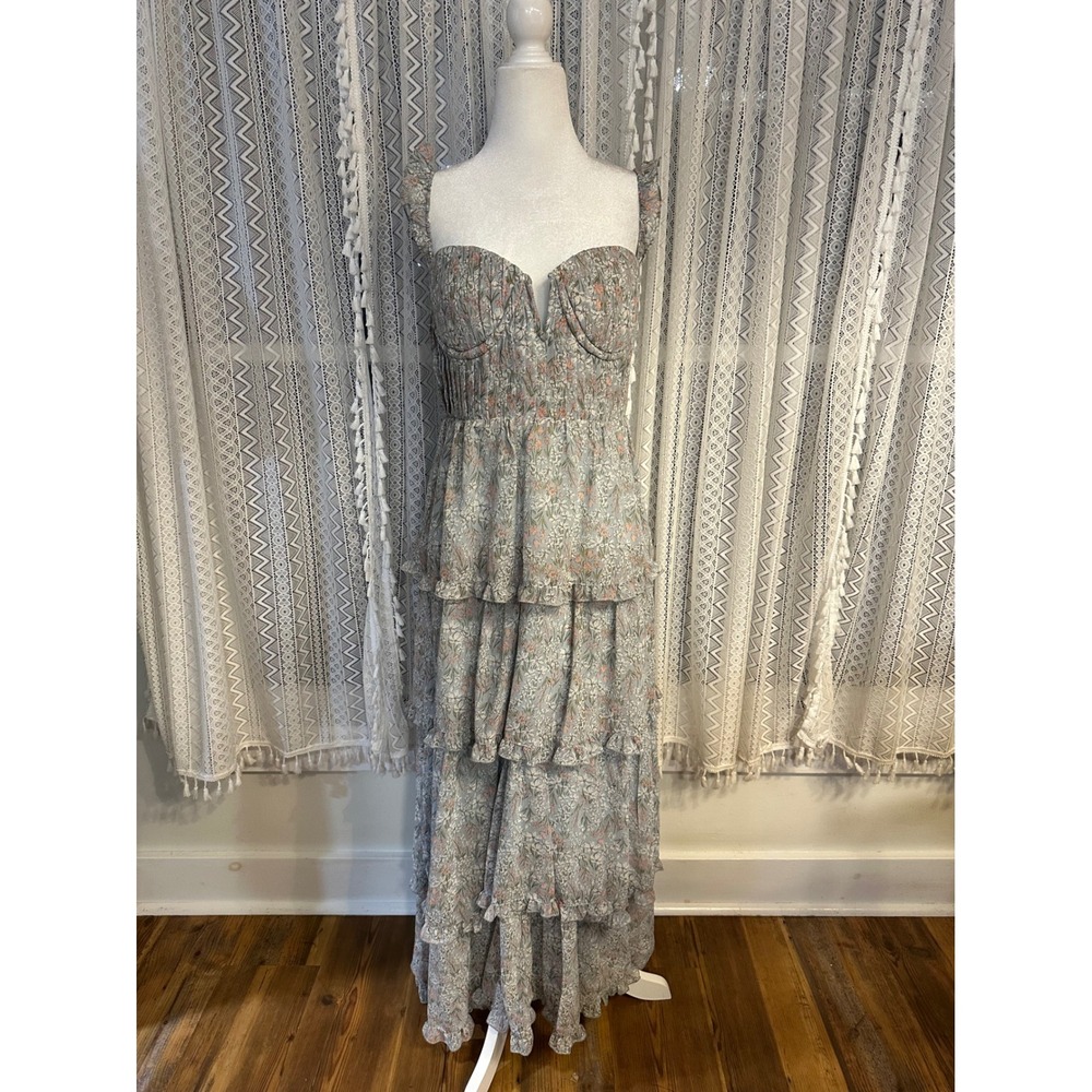 ASTR The Label Floral Tiered Maxi Dress Blue Sweetheart Bustier Medium
